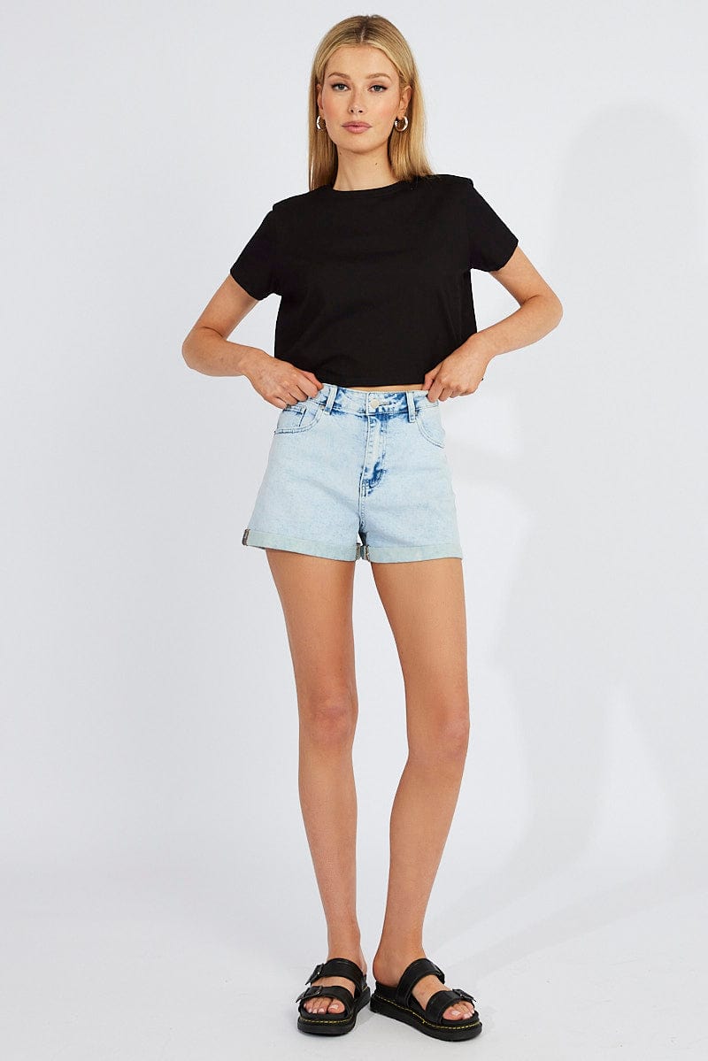 Black Crop T Shirt Short Sleeve Crew Neck for Ally Fashion