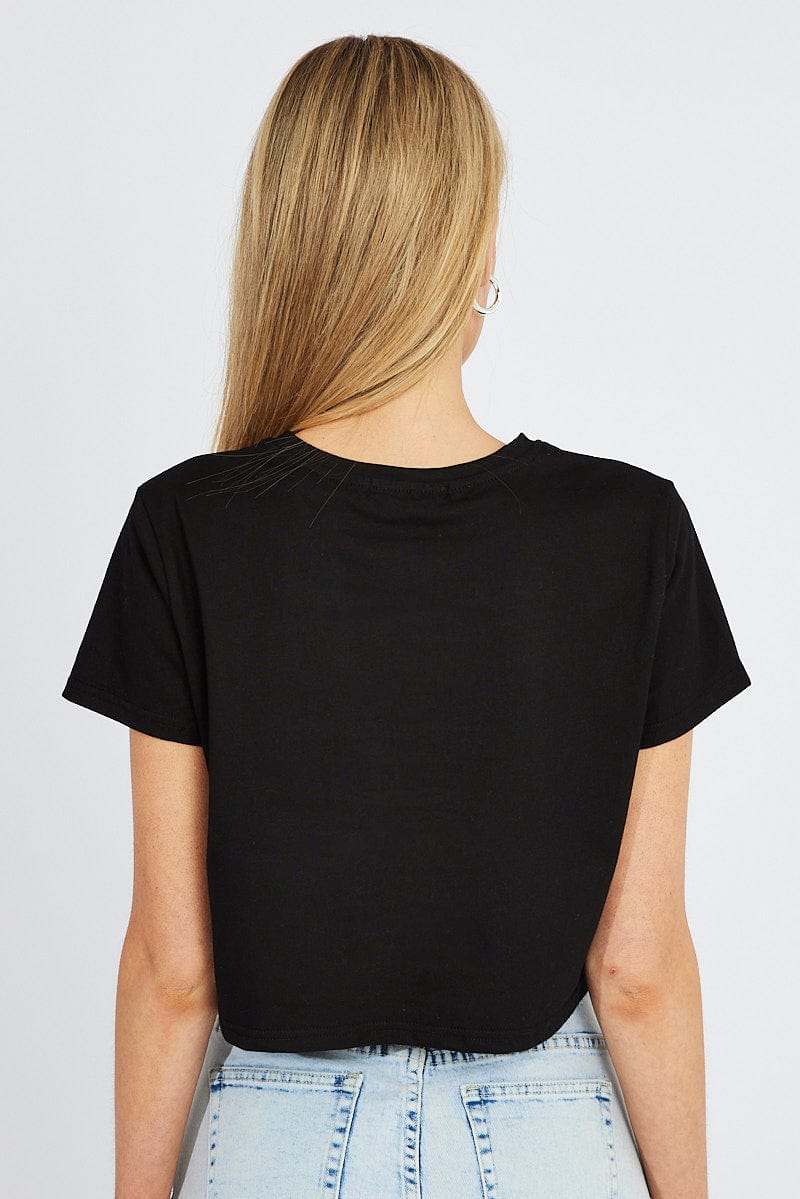 Black Crop T Shirt Short Sleeve Crew Neck for Ally Fashion