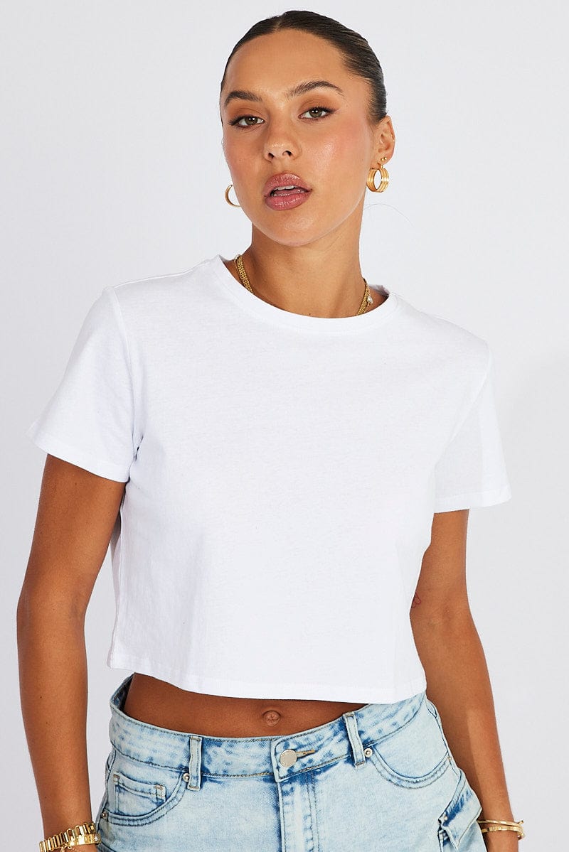 White Crop T Shirt Short Sleeve Crew Neck for Ally Fashion