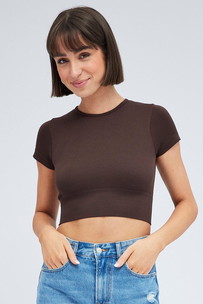 Brown T Shirt Short Sleeve Crew Neck Seamless for Ally Fashion