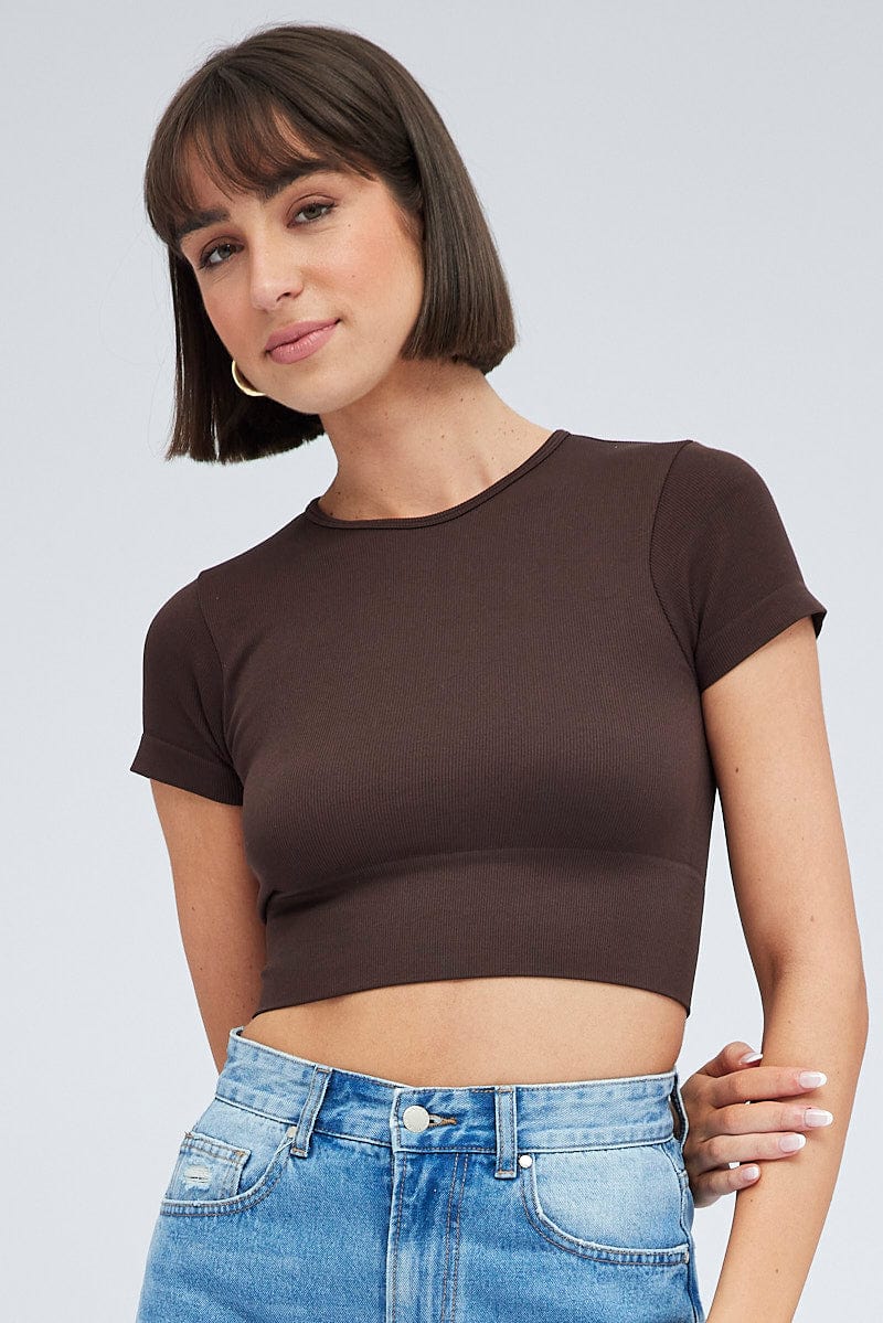 Brown T Shirt Short Sleeve Crew Neck Seamless for Ally Fashion