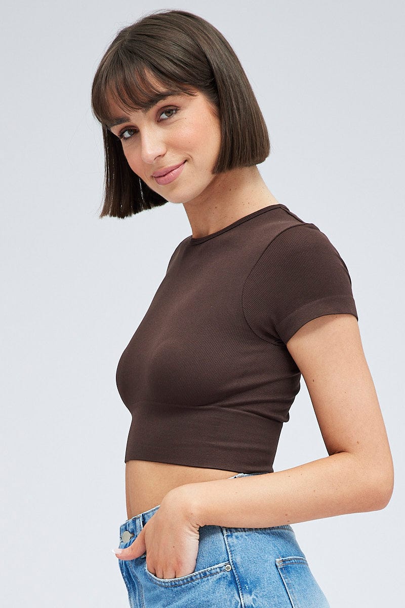 Brown T Shirt Short Sleeve Crew Neck Seamless for Ally Fashion