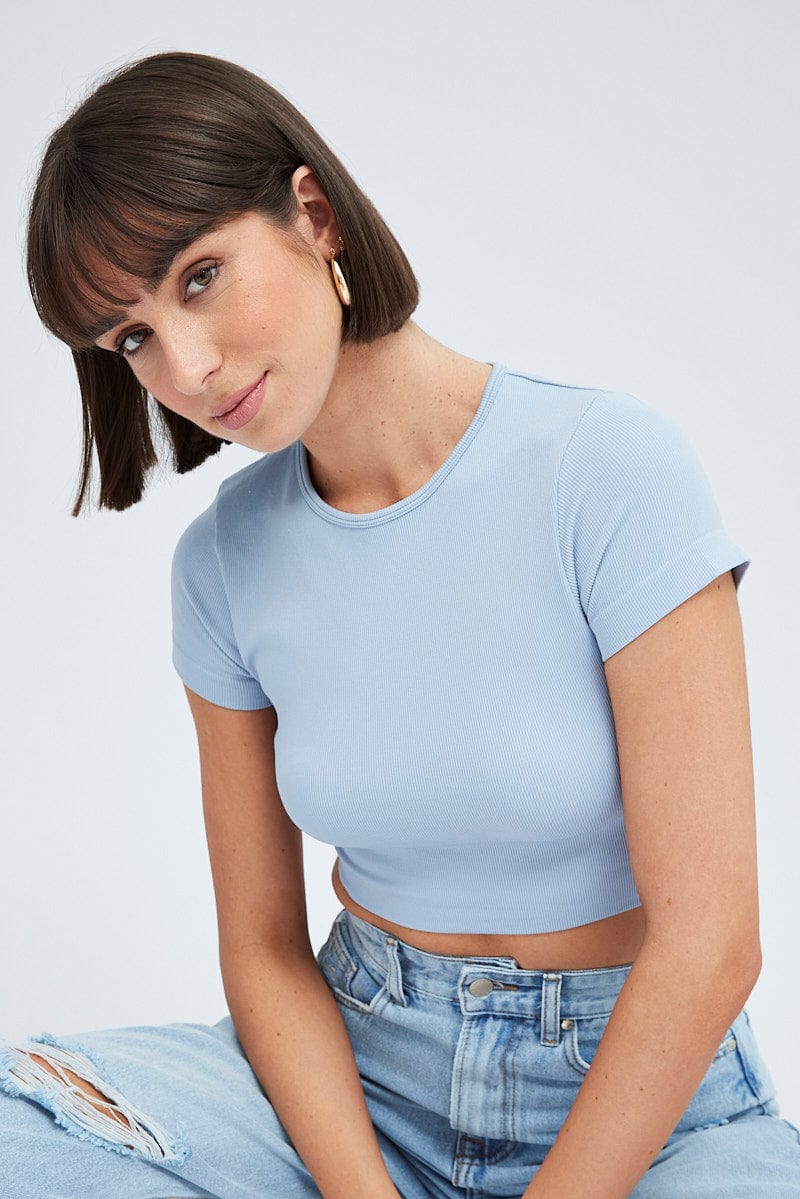 Blue T Shirt Short Sleeve Crew Neck Seamless for Ally Fashion