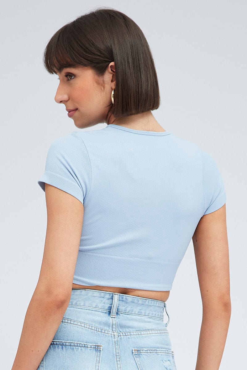 Blue T Shirt Short Sleeve Crew Neck Seamless for Ally Fashion