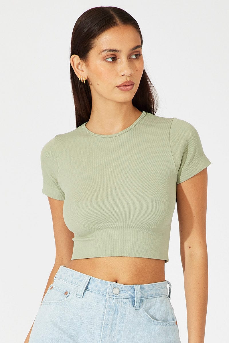 Green T Shirt Short Sleeve Crew Neck Seamless for Ally Fashion