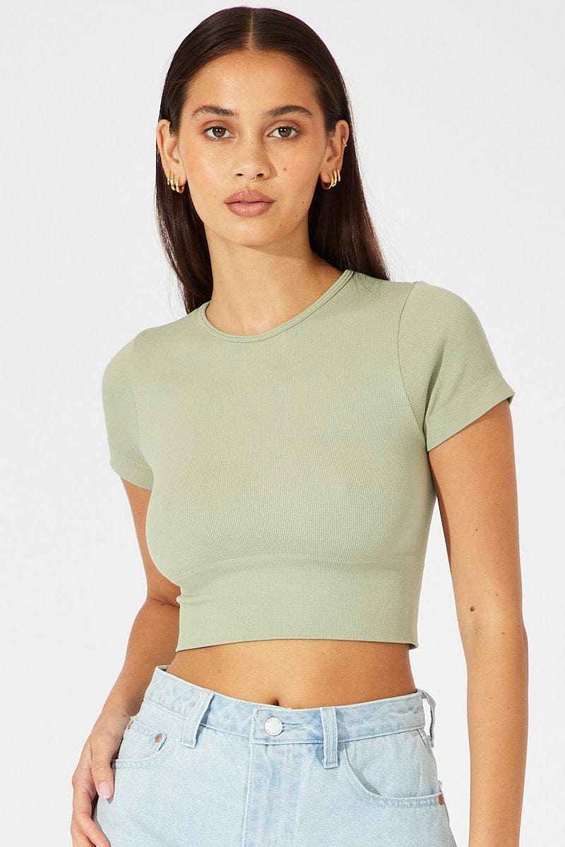 Green T Shirt Short Sleeve Crew Neck Seamless for Ally Fashion