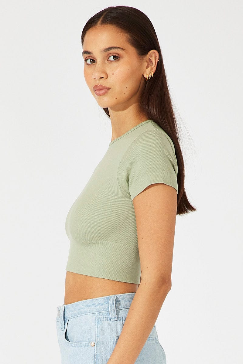 Green T Shirt Short Sleeve Crew Neck Seamless for Ally Fashion