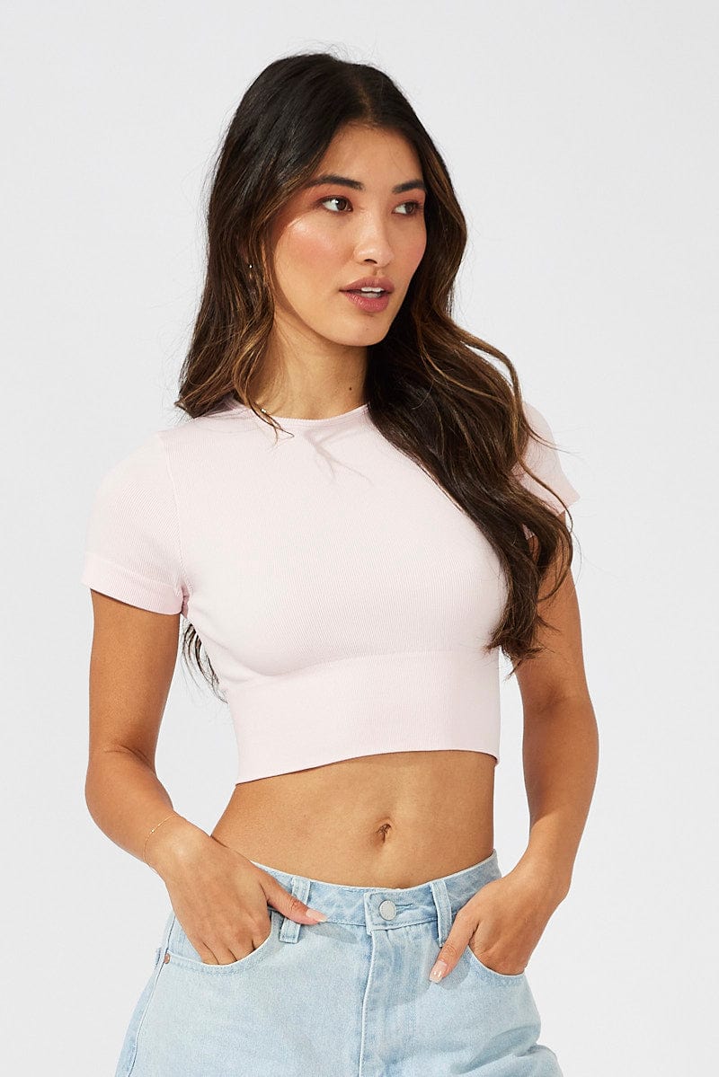Pink T Shirt Short Sleeve Crew Neck Seamless | Ally Fashion