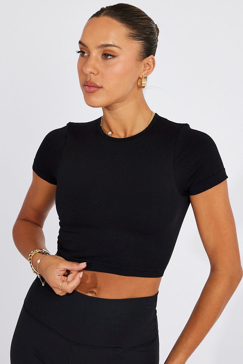 Black T Shirt Short Sleeve Crew Neck Seamless for Ally Fashion