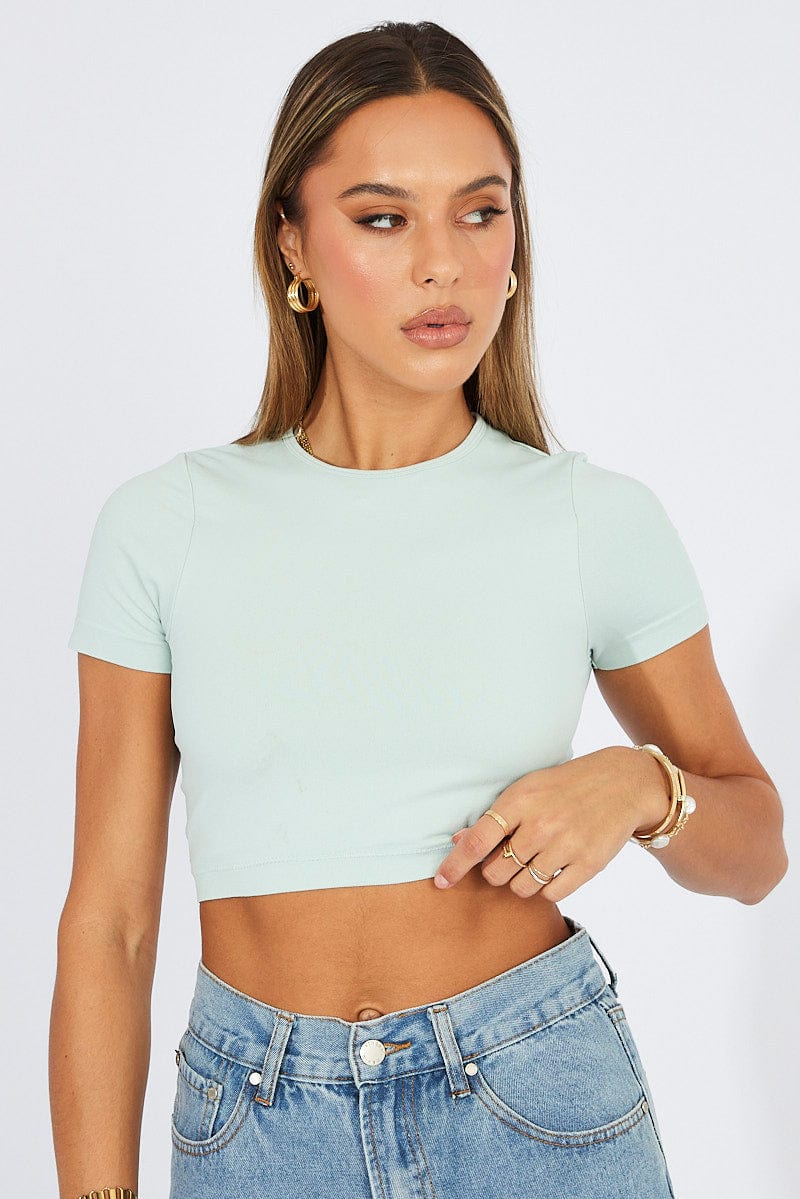 Green T Shirt Short Sleeve Crew Neck Seamless for Ally Fashion