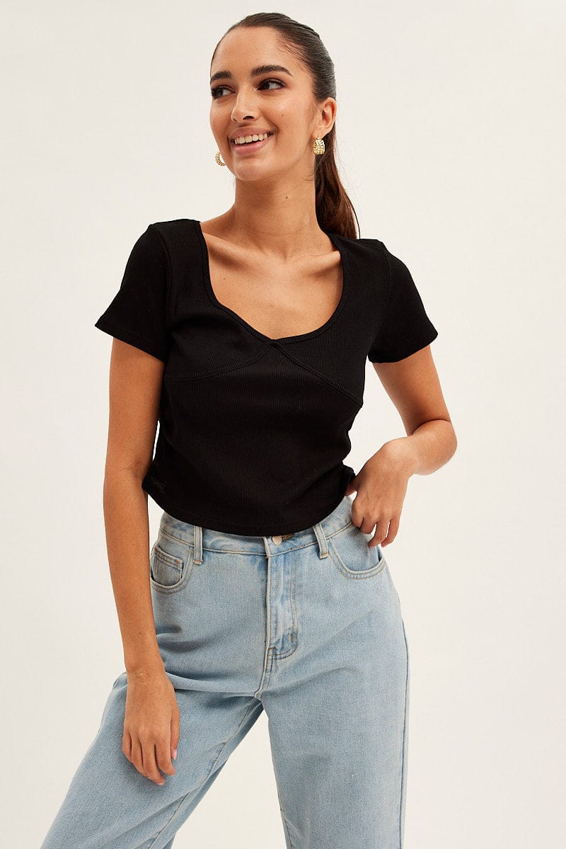 Black T Shirt Short Sleeve V Neck for Ally Fashion