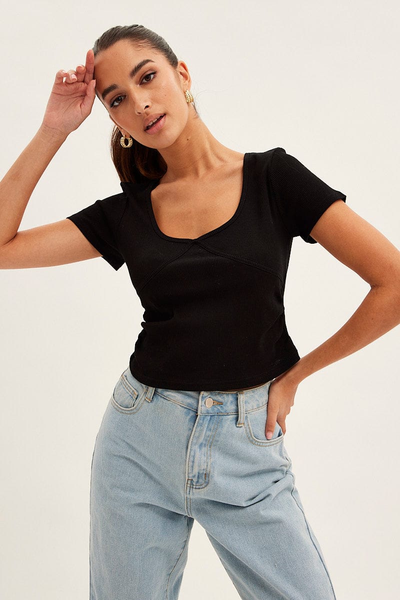 Black T Shirt Short Sleeve V Neck for Ally Fashion