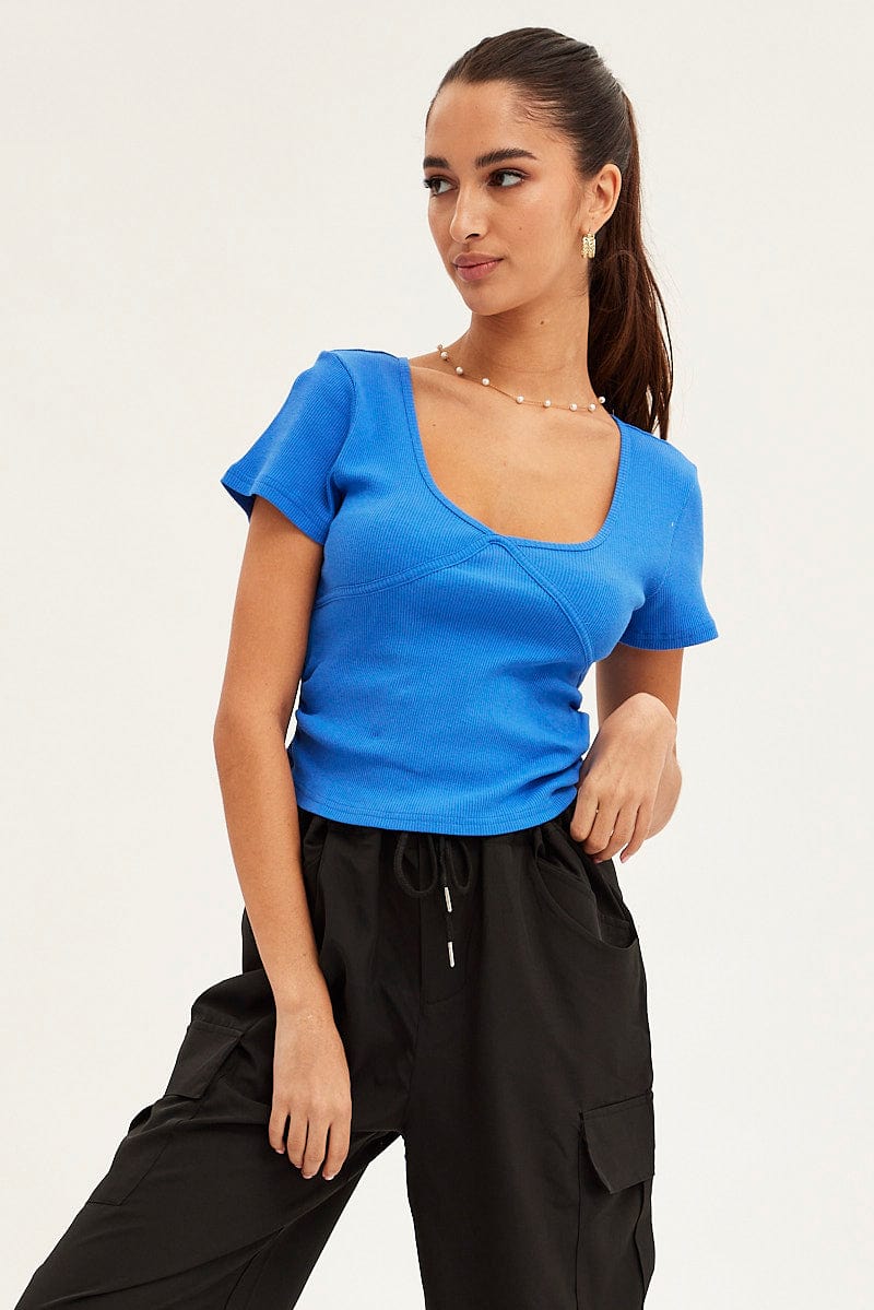 Blue T Shirt Short Sleeve V Neck for Ally Fashion