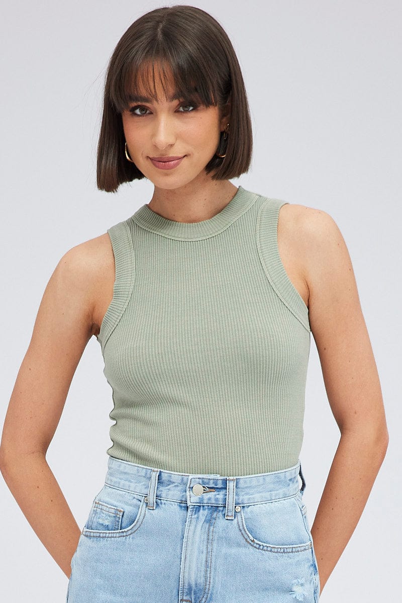 Green Tank Top Sleeveless Crew Neck Washed for Ally Fashion