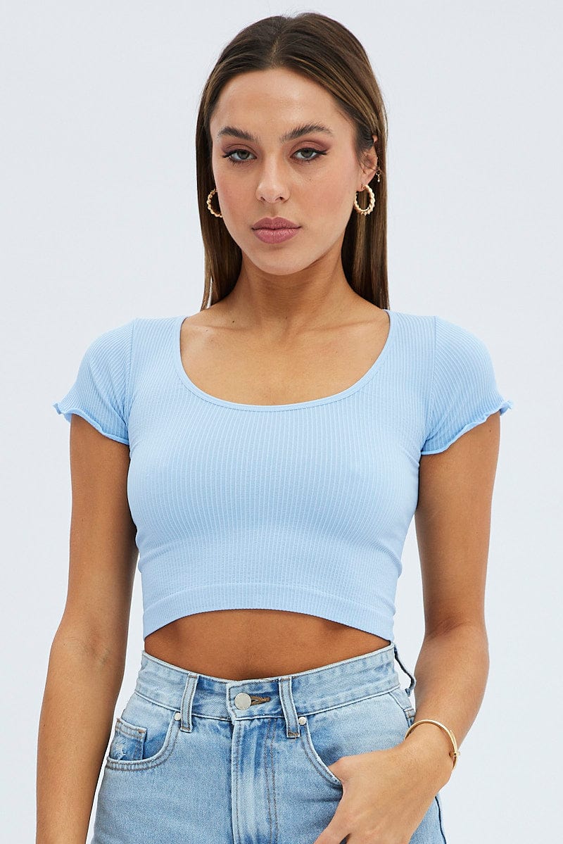 Blue T Shirt Short Sleeve Scoop Neck Seamless for Ally Fashion