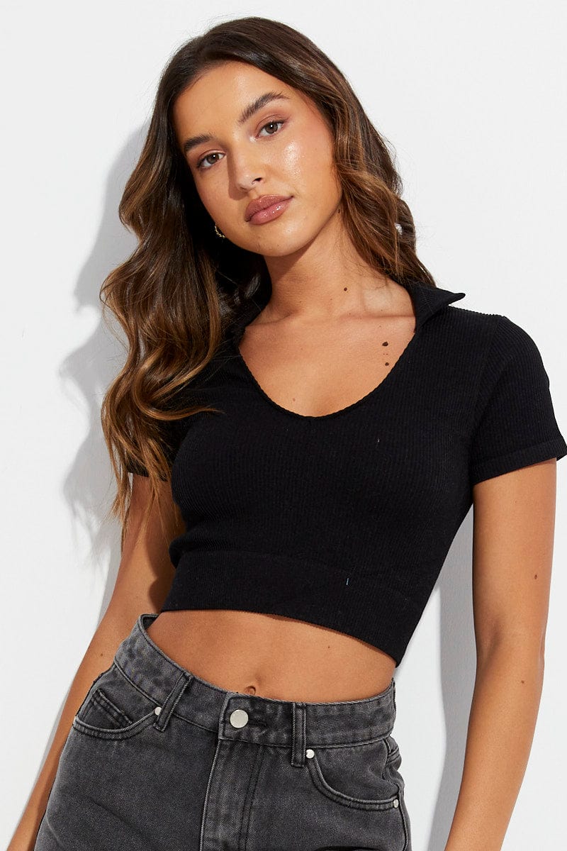 Black Collar Top Short Sleeve Seamless for Ally Fashion