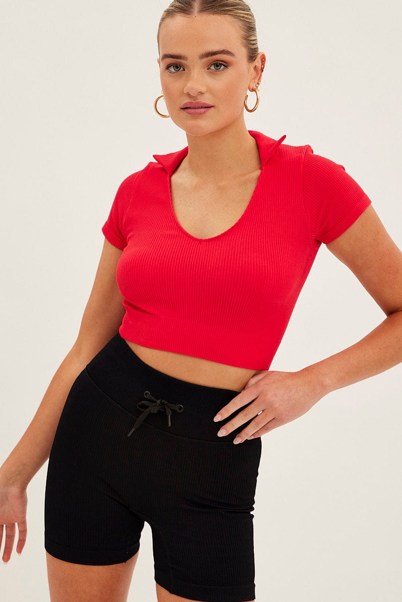 Red Collar Top Short Sleeve Seamless for Ally Fashion