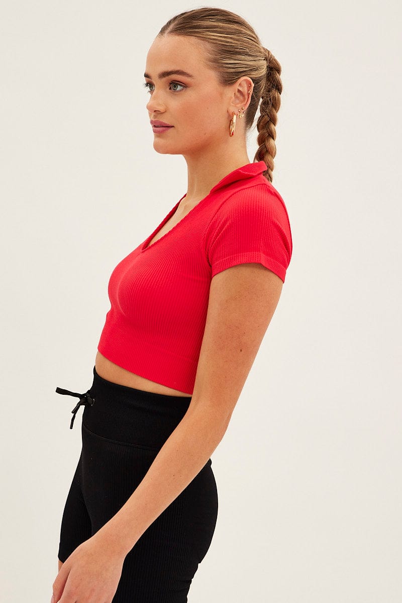 Red Collar Top Short Sleeve Seamless for Ally Fashion