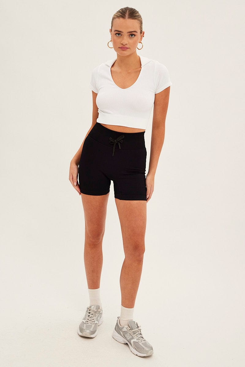 White Collar Top Short Sleeve Seamless for Ally Fashion