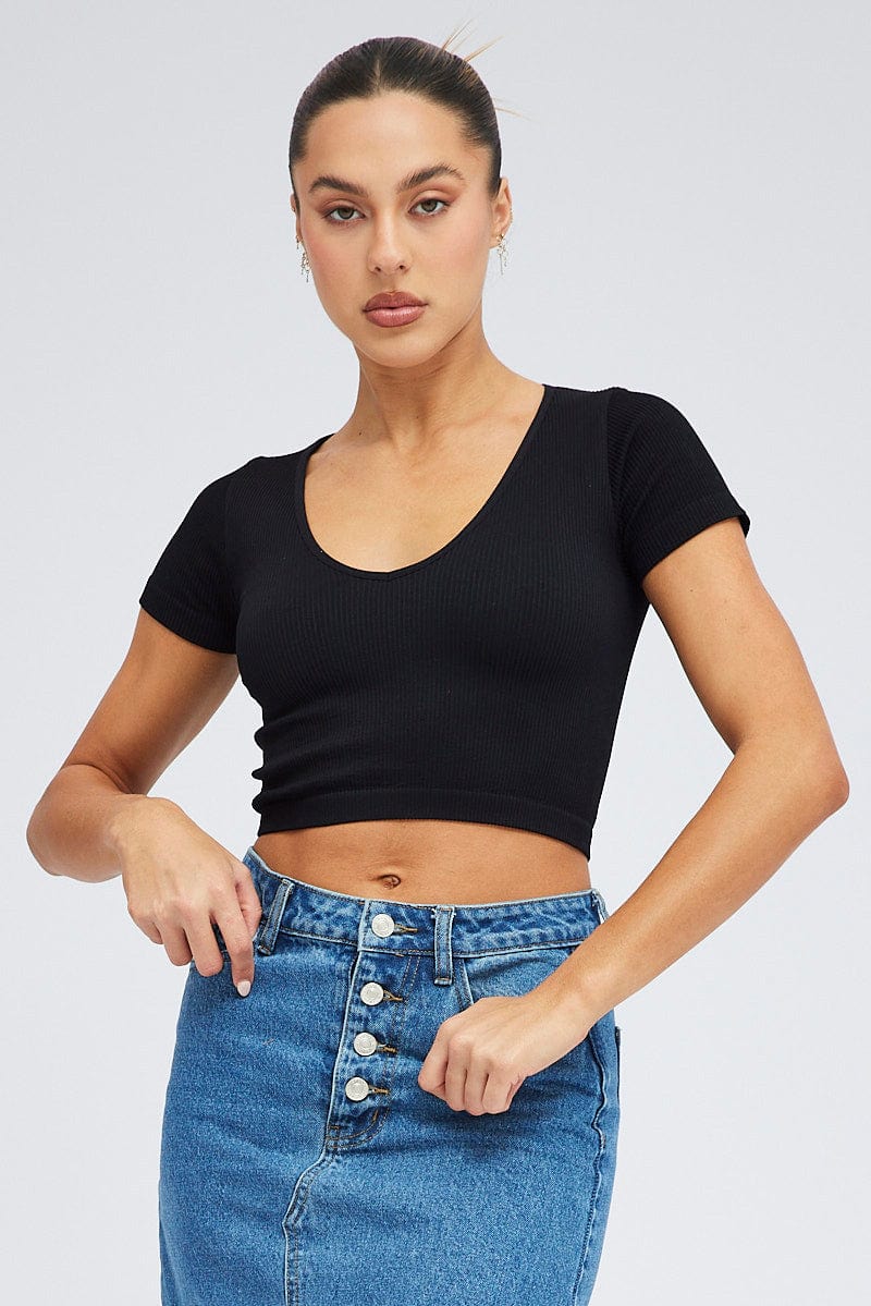 Black T Shirt Short Sleeve V Neck Seamless for Ally Fashion