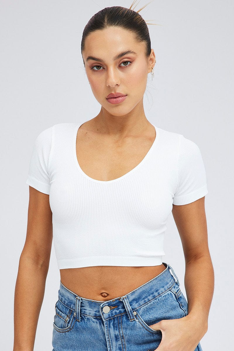 White T Shirt Short Sleeve V Neck Seamless for Ally Fashion