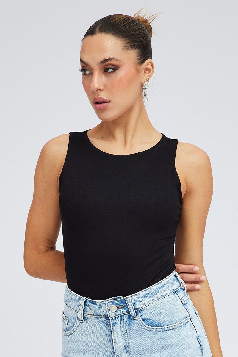 Black Bodysuit Sleeveless Crew-Neck from Ally Fashion