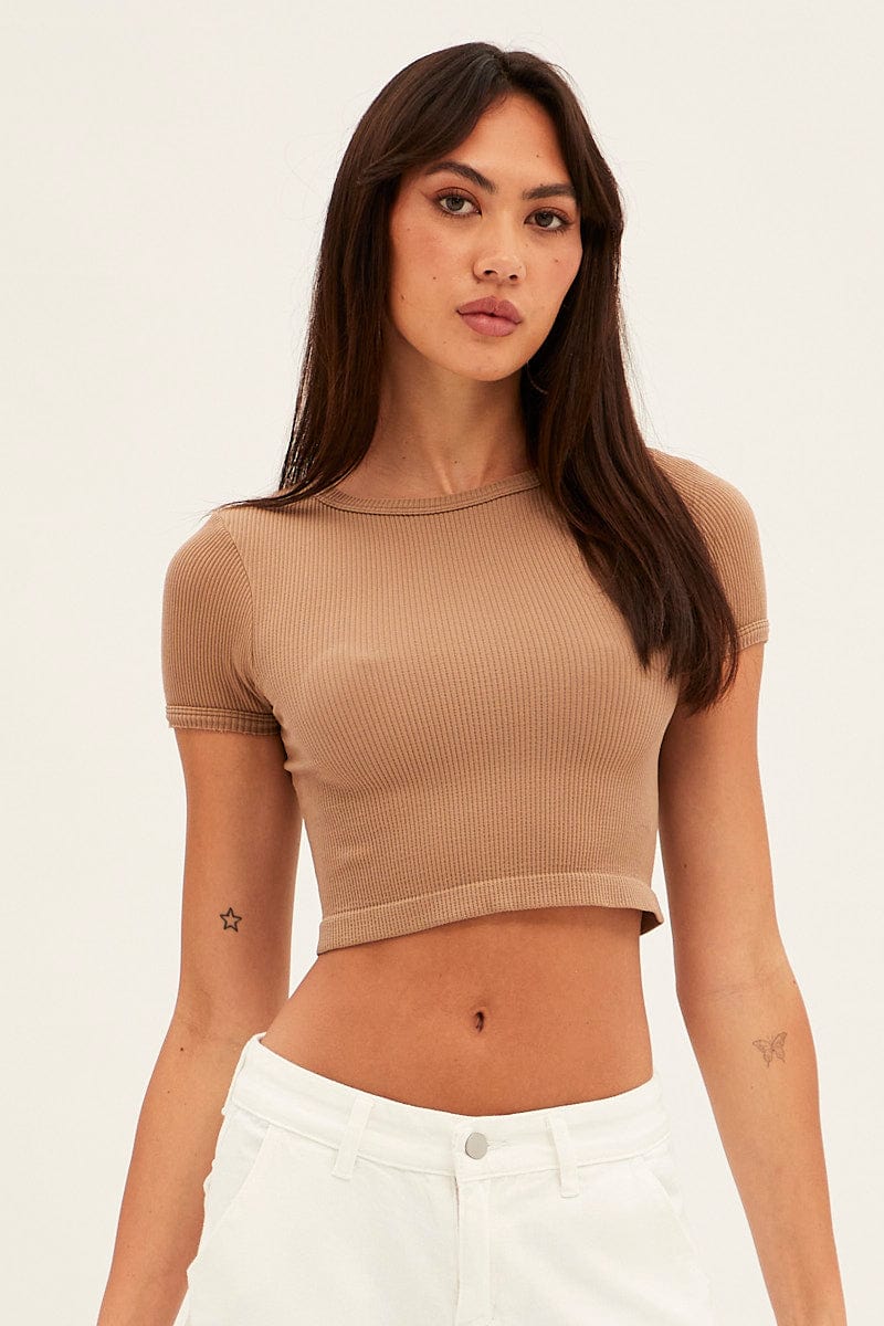 Brown T Shirt Short Sleeve Crew Neck Seamless for Ally Fashion