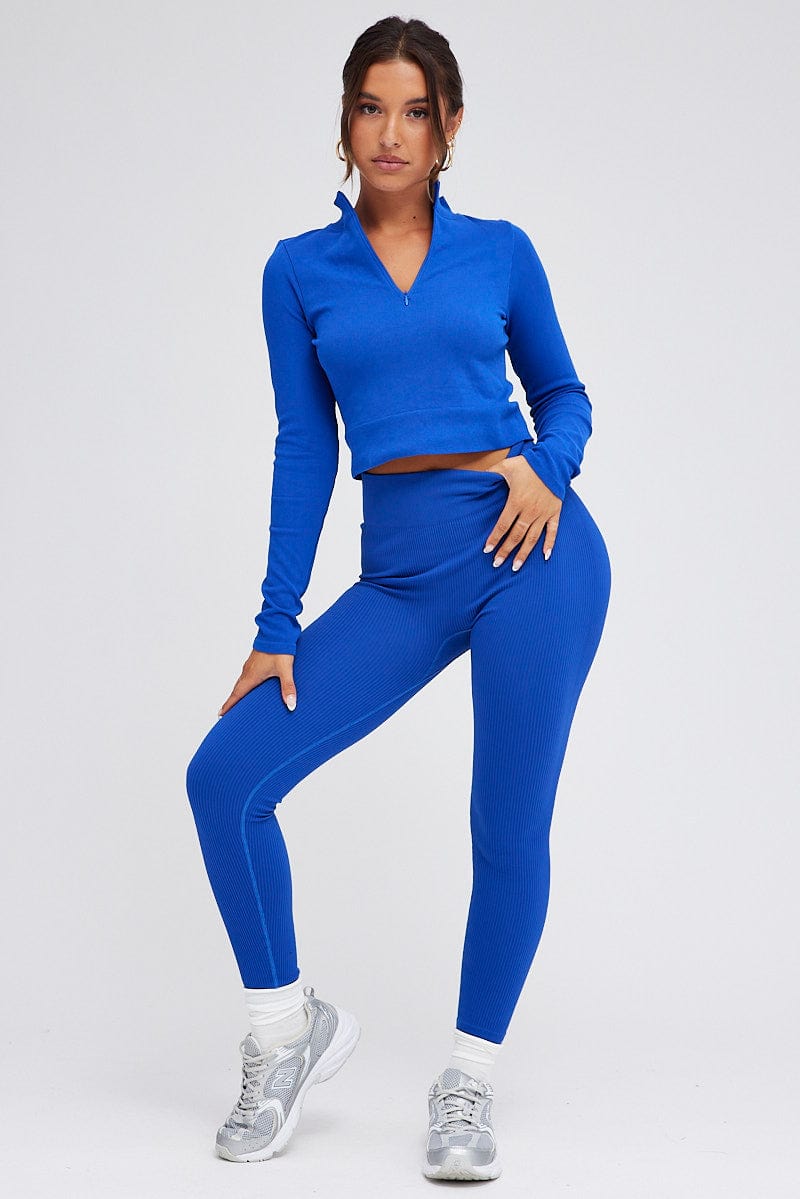 Blue Zip up Top Long sleeve Seamless for Ally Fashion