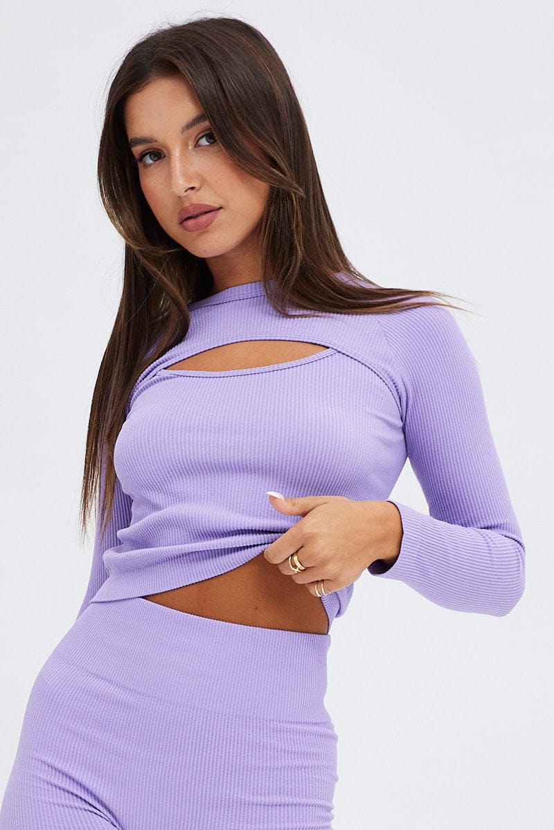 Purple Cut out Top Long sleeve Seamless Activewear for Ally Fashion