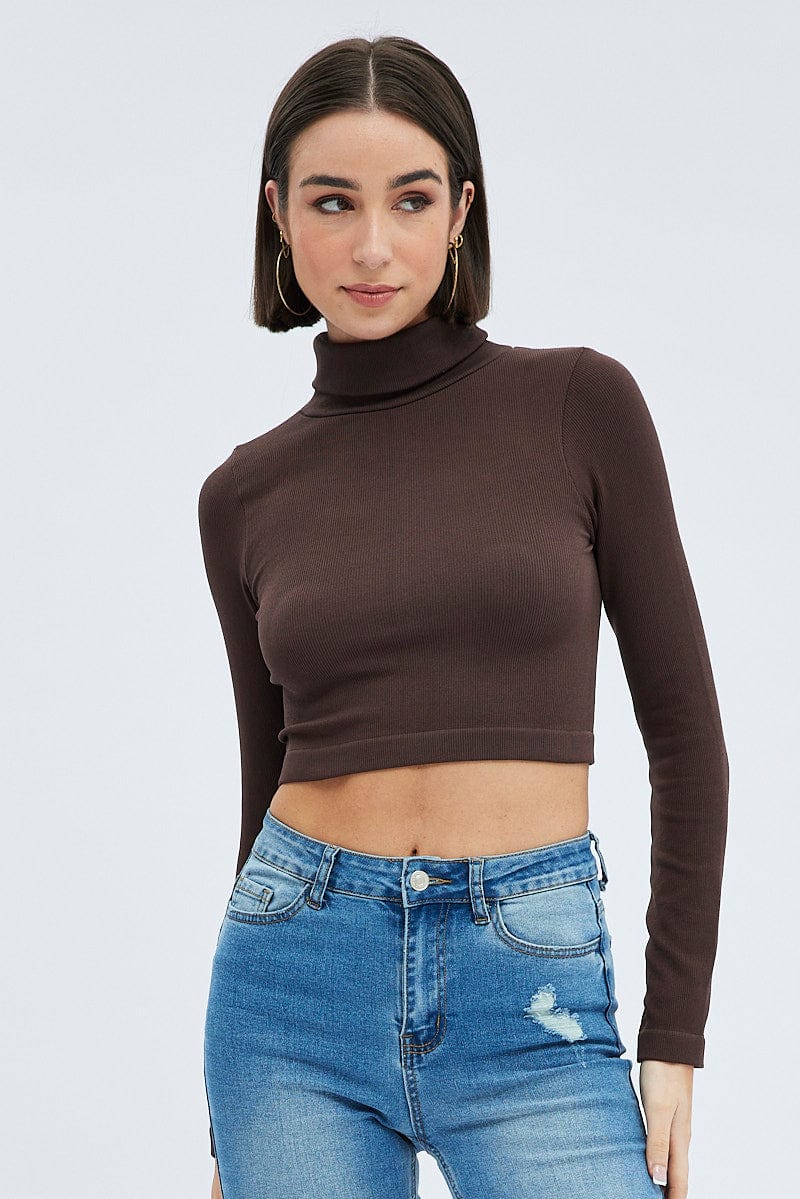 Brown Top Long sleeve Roll up neck Seamless for Ally Fashion