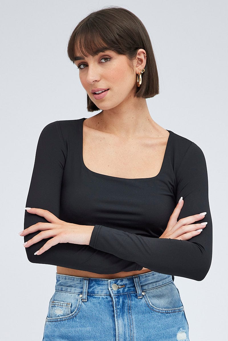 Black Top Long Sleeve Square Neck for Ally Fashion