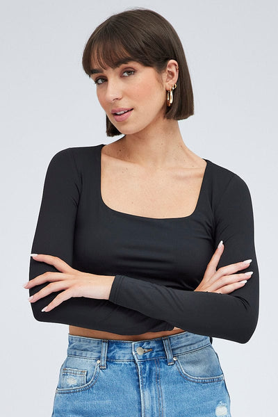 Black Top Long Sleeve Square Neck | Ally Fashion