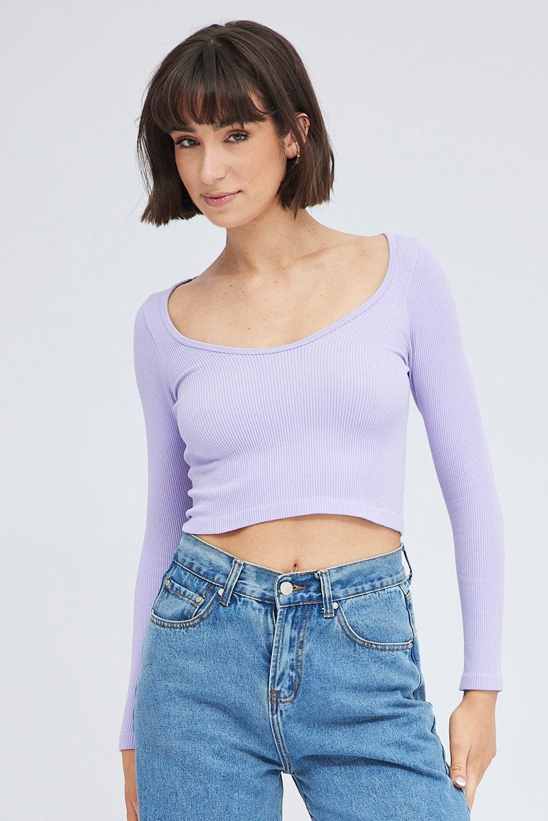 Purple Top Long Sleeve Scoop Neck Seamless | Ally Fashion