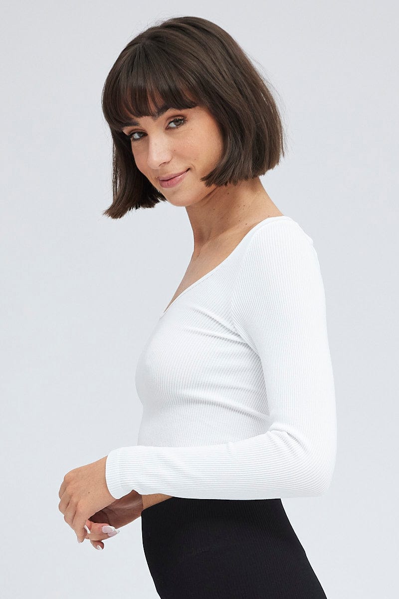 White Top Long Sleeve Scoop Neck Seamless for Ally Fashion