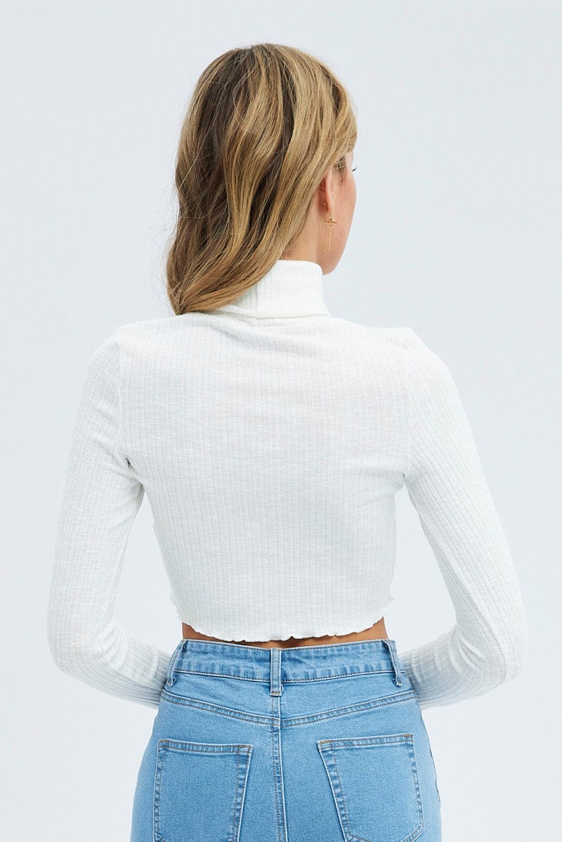 White Top Long Sleeve Roll Up Neck for Ally Fashion