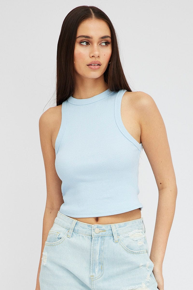 Blue Tank Top Sleeveless Crew Neck for Ally Fashion