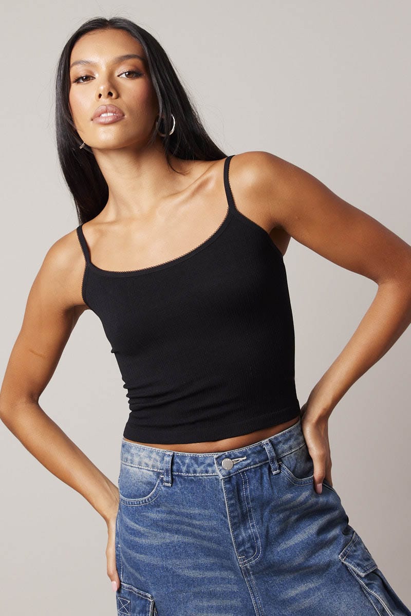 Black Singlet Top Scoop neck Seamless for Ally Fashion