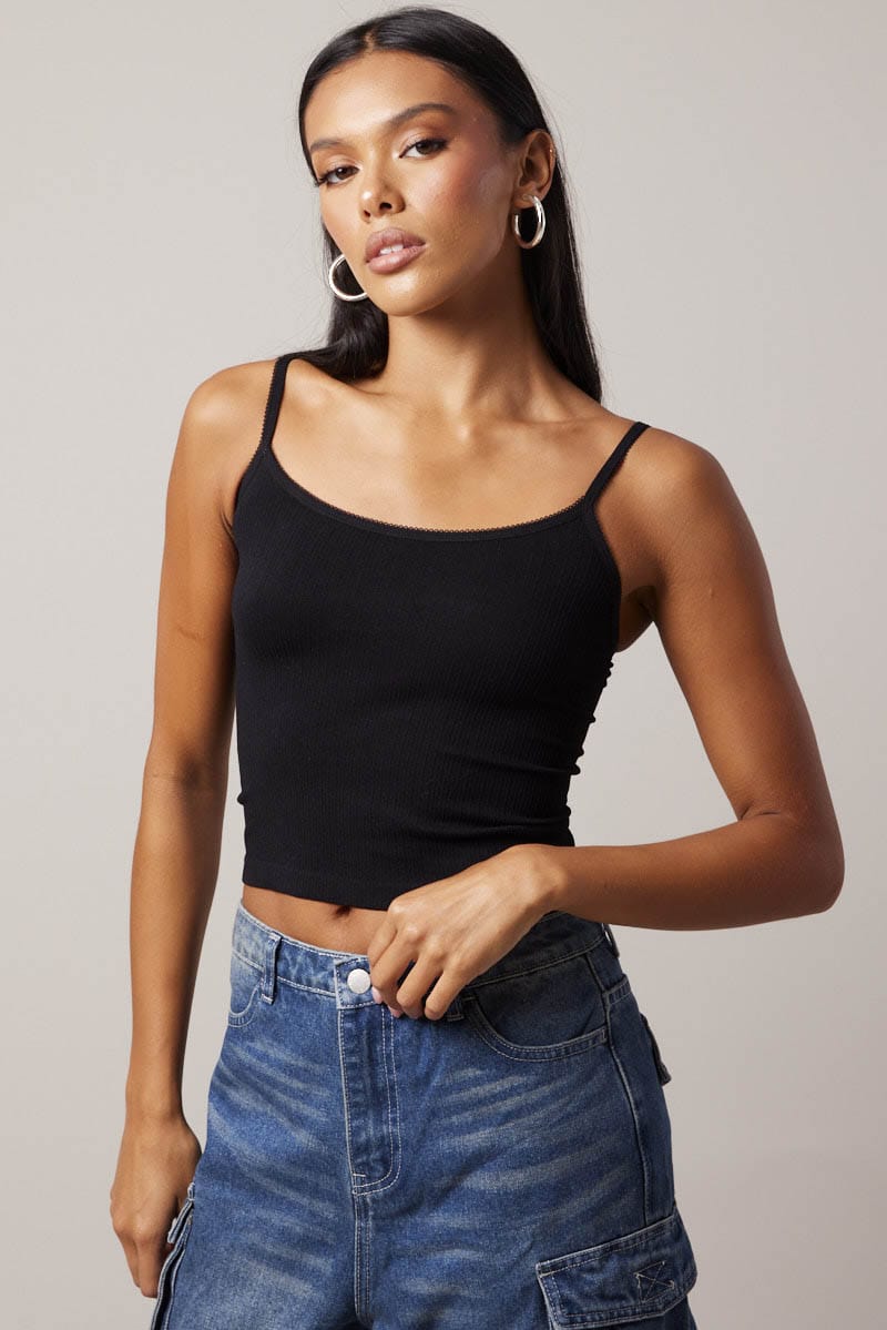 Black Singlet Top Scoop neck Seamless for Ally Fashion