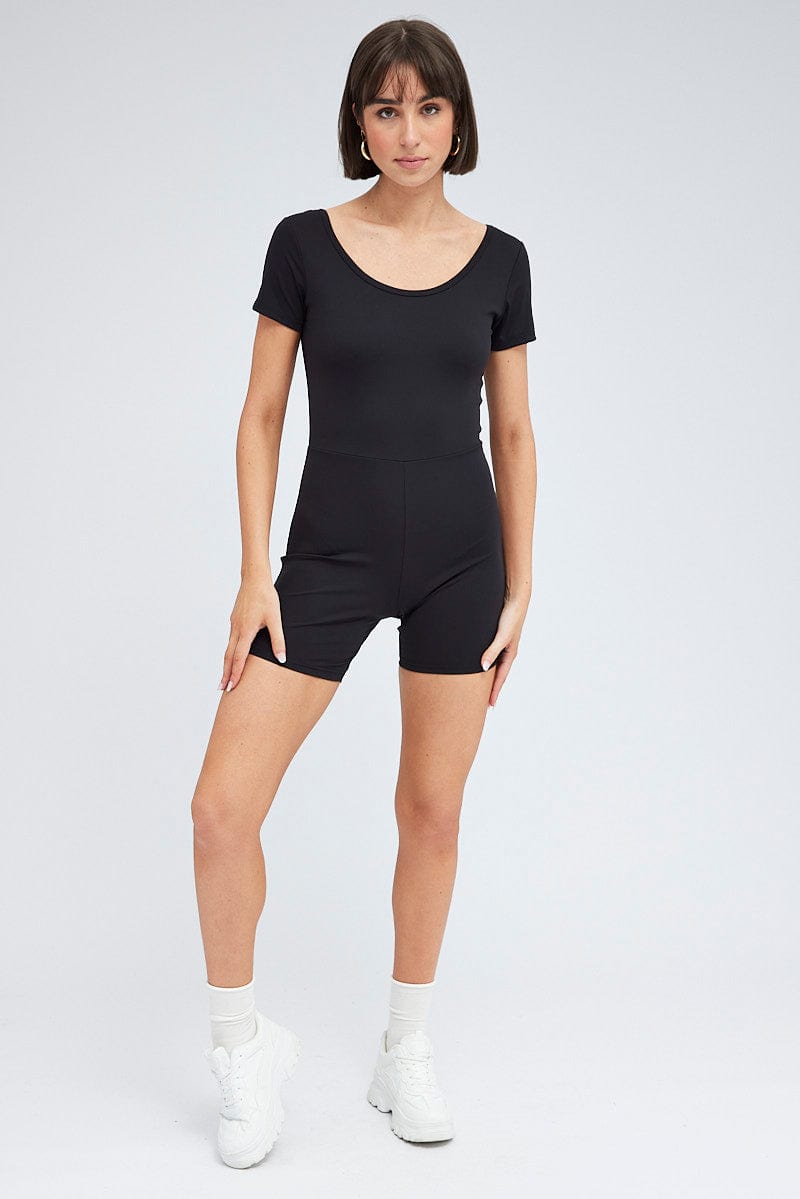 Black Romper Short Sleeve Scoop Neck Activewear for Ally Fashion