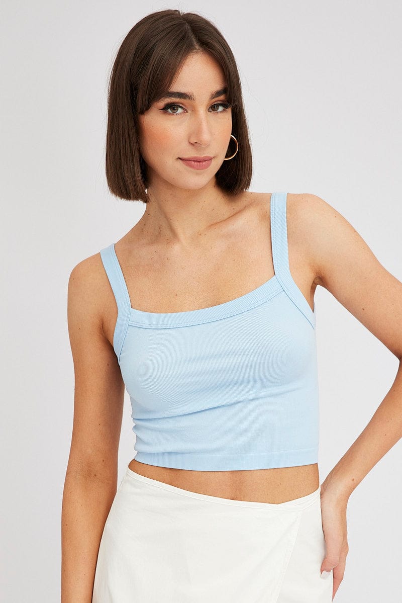 Blue Singlet Top Round Neck Seamles for Ally Fashion