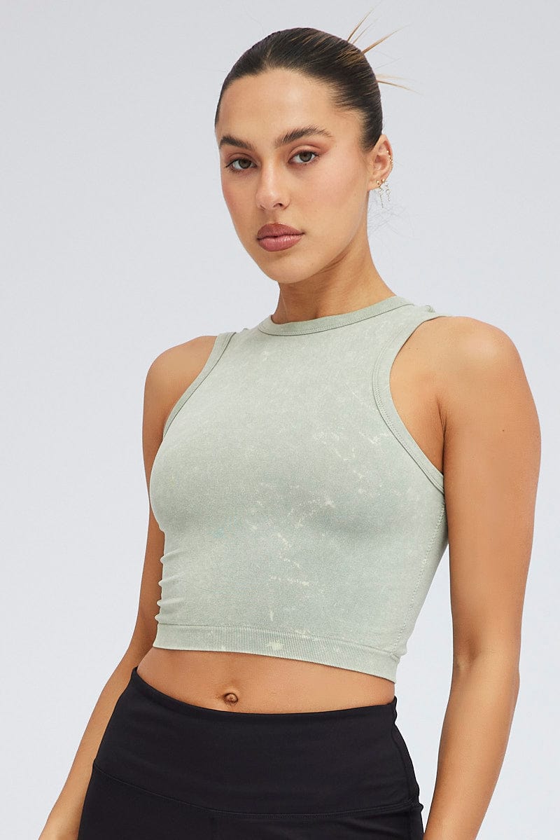 Green Tank Top Crew Neck Washed Seamless for Ally Fashion