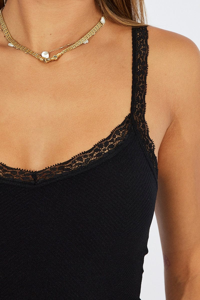 Black Singlet Top Lace Trim Seamless for Ally Fashion