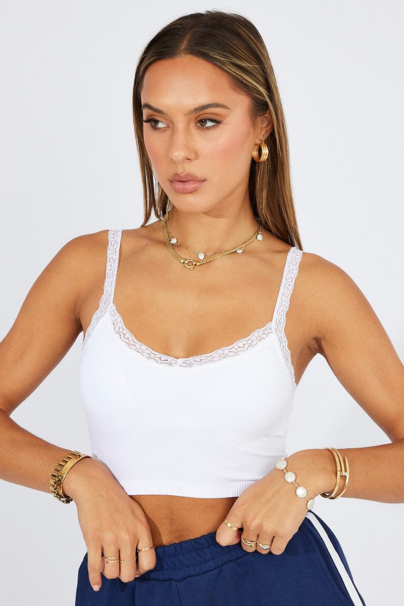 White Singlet Top Lace Trim Seamless for Ally Fashion