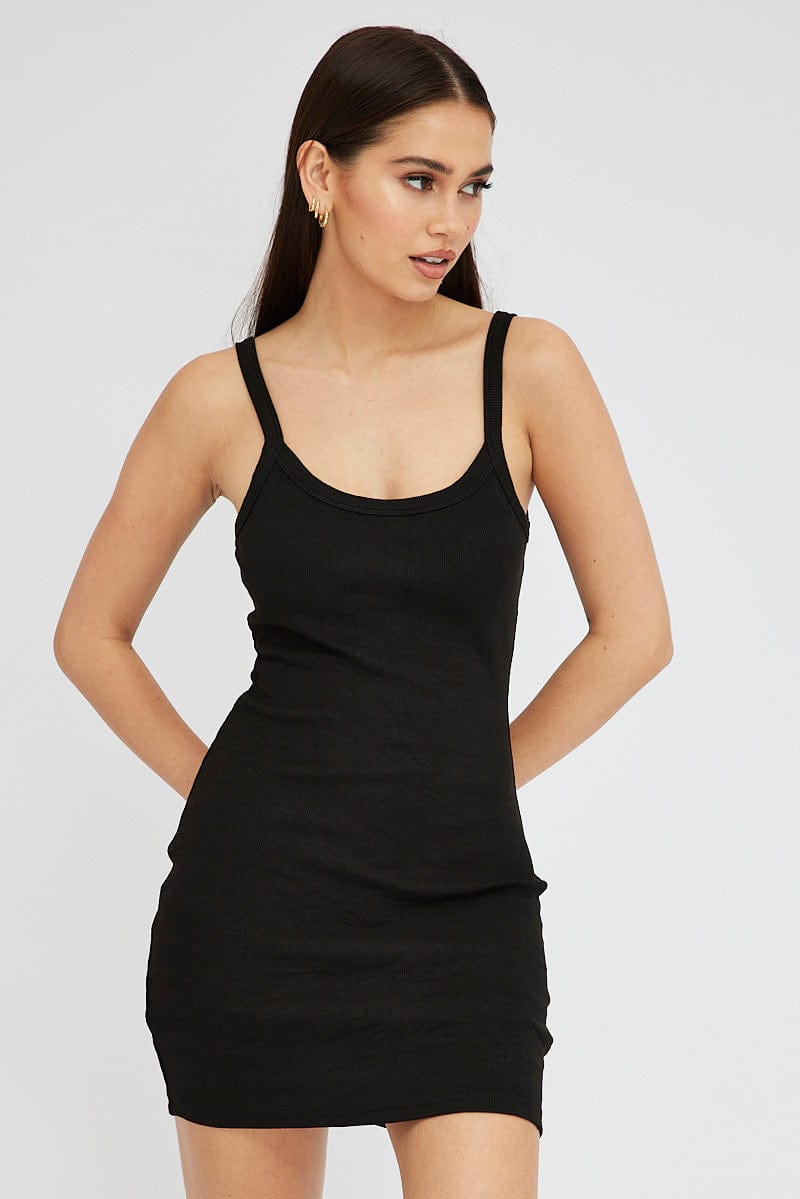 Black Rib Dress Sleeveless Scoop Neck Mini for Ally Fashion