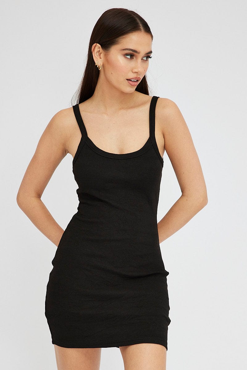 Black Rib Dress Sleeveless Scoop Neck Mini | Ally Fashion Black Rib Dress Sleeveless Scoop Neck Mini | Ally Fashion