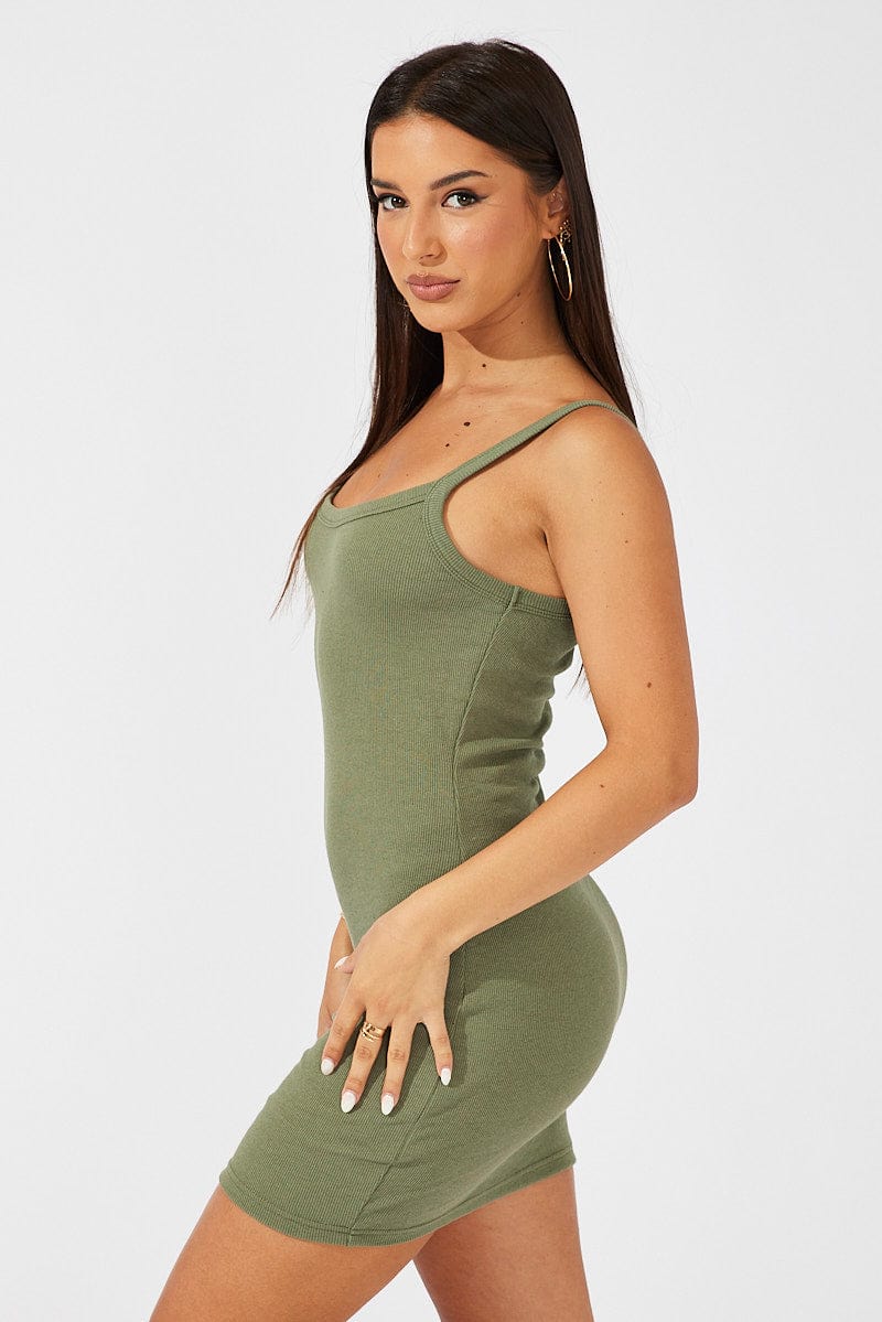 Green Rib Dress Sleeveless Scoop Neck Mini for Ally Fashion