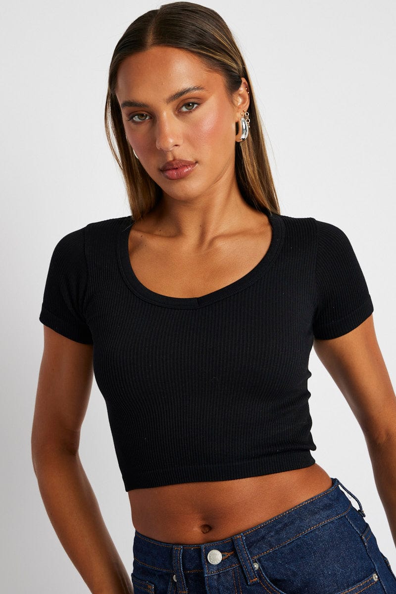 Black Crop T Shirt Short Sleeve V Neck Seamless for Ally Fashion