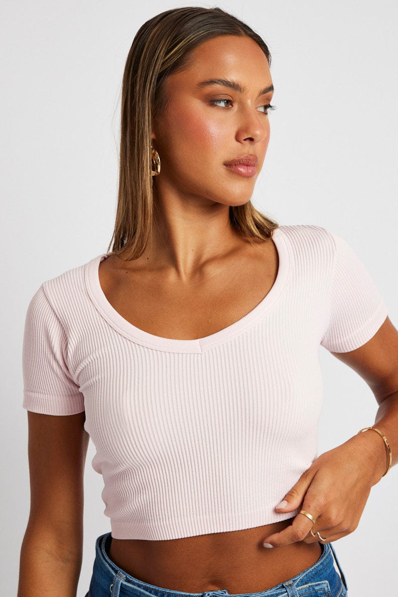 Pink Crop T Shirt Short Sleeve V Neck Seamless for Ally Fashion