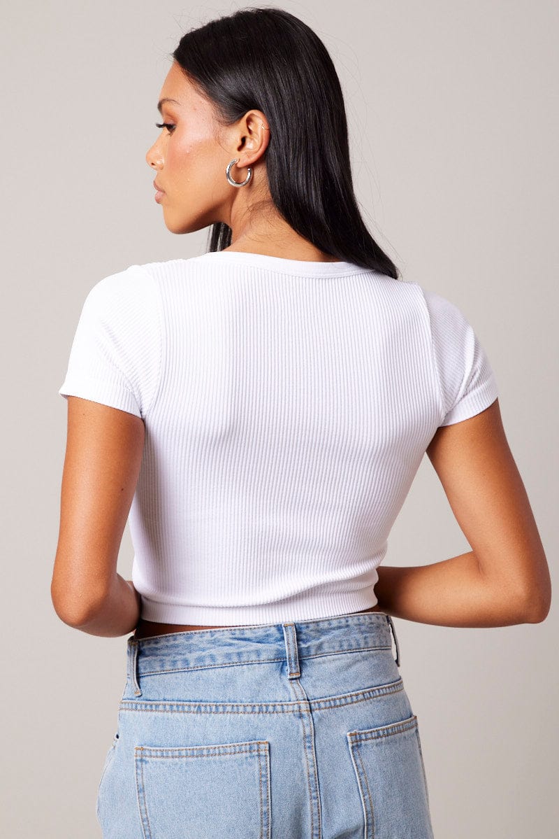 White Crop T Shirt Short Sleeve V Neck Seamless for Ally Fashion