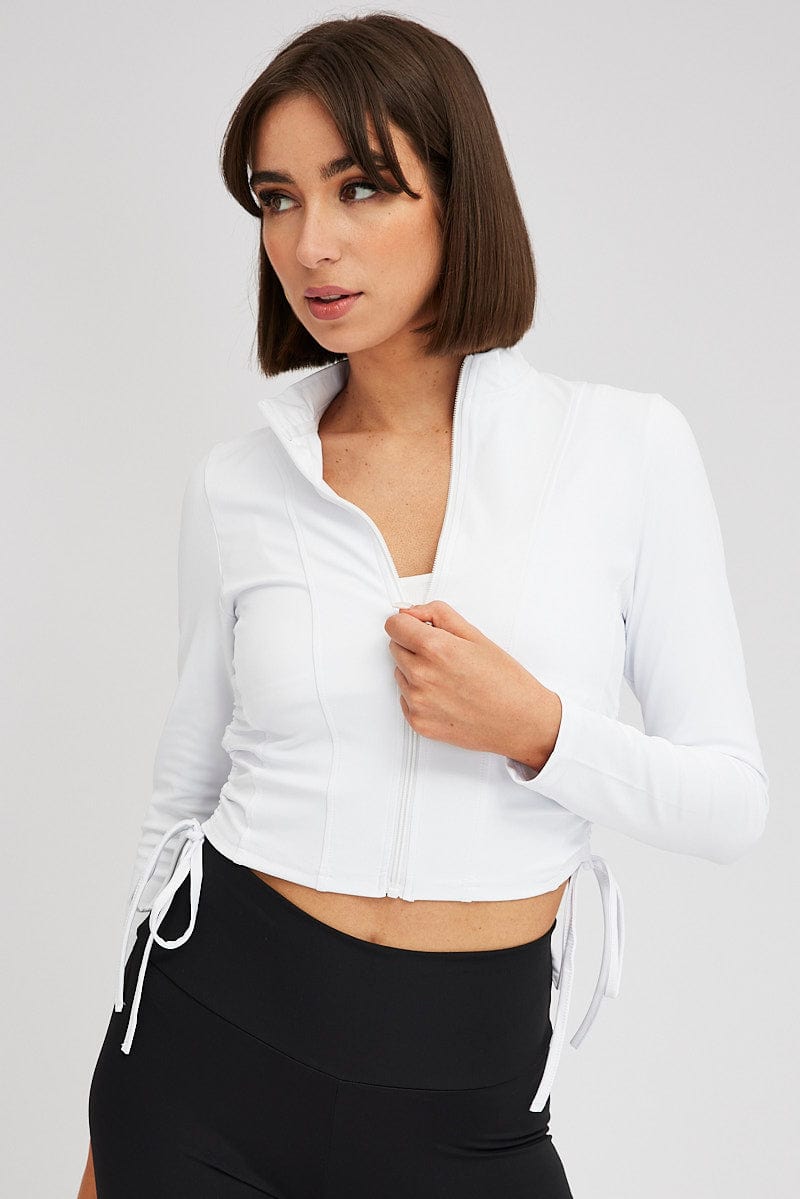 White Zip Up Top Side Ruched for Ally Fashion